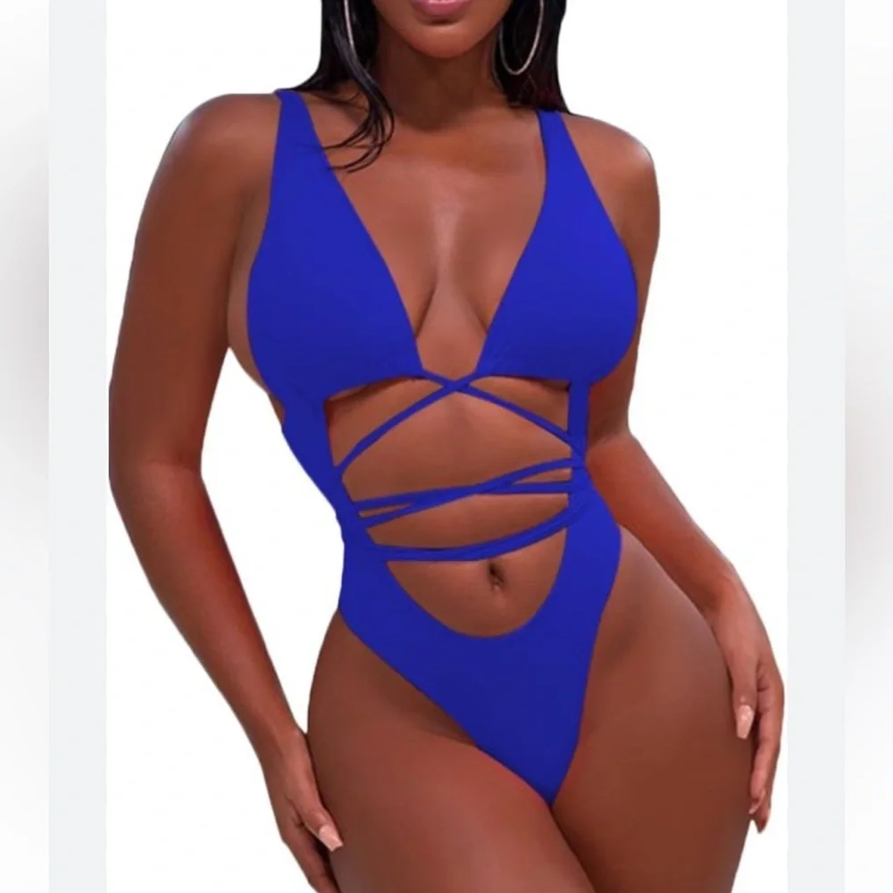 New tie front one piece blue swim suit size M